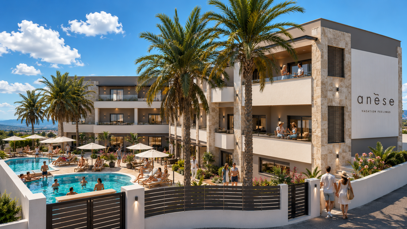 anese hotel exterior with pool and palms